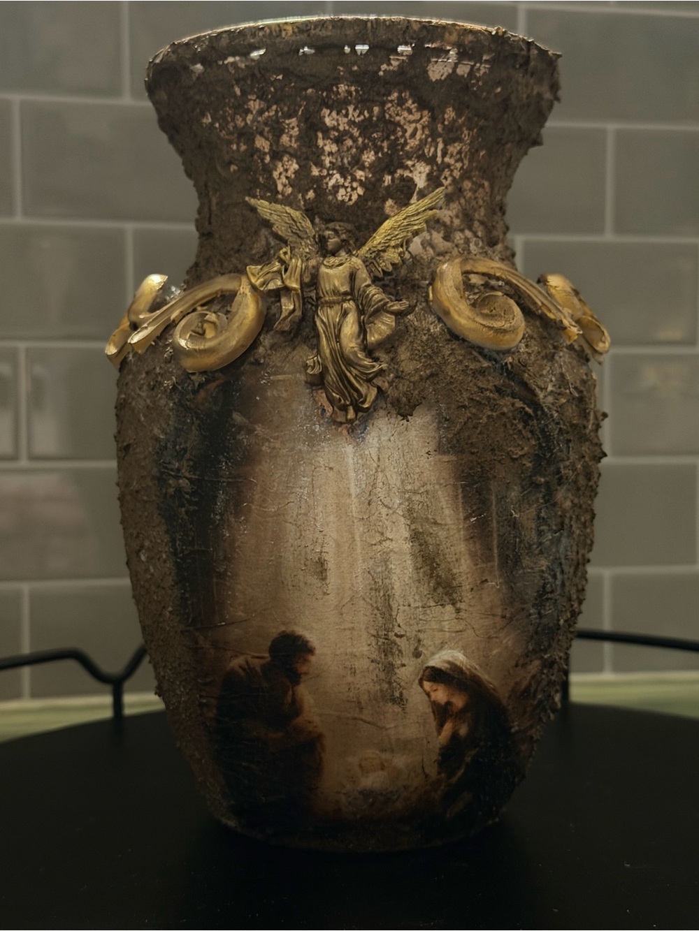 Antique-Style Decorative Nativity Vase with Gold Accent